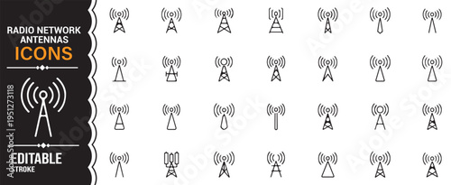 Radio network and antenna line icons set with editable stroke for wireless communication design