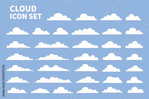 Cloud. Abstract white cloudy set isolated on blue background. Vector illustration
Big vector set of thirty-six white cloud shapes
