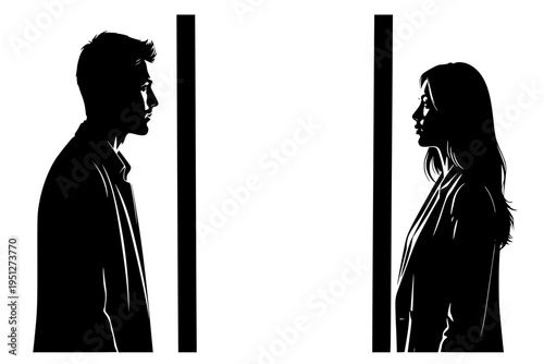 Man and Woman Looking Toward Each Other Doorway Concept Vision Choice Connection Black Vector