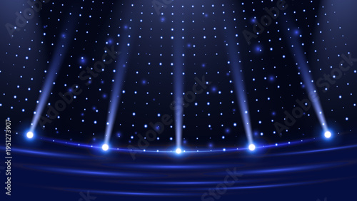 Blue Abstract Stage Light Background with Spotlight Beams and Glowing Particles. Futuristic Night Scene Vector Illustration