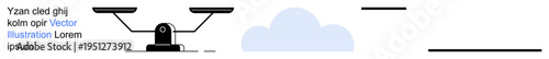 Justice, equality, legal system, technology, balance, minimalism. A scale, cloud and horizontal lines arranged in a clean design. Justice and equality concepts with a minimalist approach
