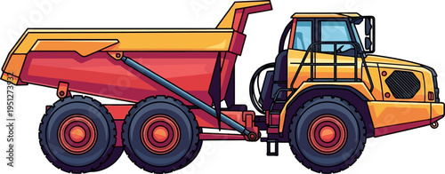 Yellow articulated dump truck hauling materials on construction site