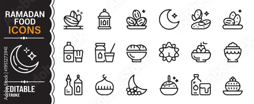Ramadan and Eid food outline icon pack with dates lantern crescent and fasting meal symbols