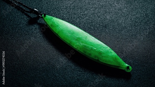 siderite. A slender green jade pendant shaped like a silique on a dark background. event programs, museum guides, designed for cultural heritage projects and event programs, used by fitness trainers.