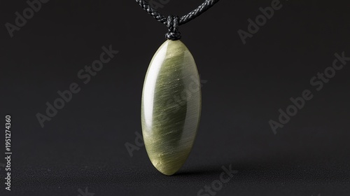siderite. A slender green jade pendant shaped like a silique on a dark background. event programs, museum guides, designed for cultural heritage projects and event programs, used by fitness trainers.