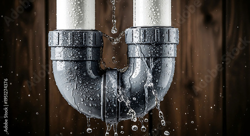 Leaking pipe with water droplets on a wooden background