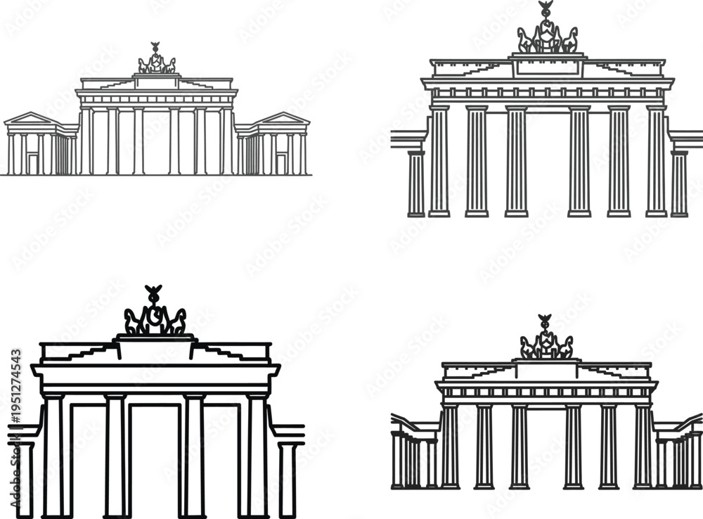 Fototapeta premium Illustrations of brandenburg gate in berlin, sketch style, various views and details