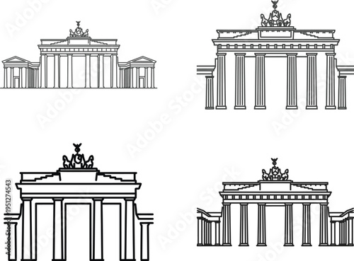Illustrations of brandenburg gate in berlin, sketch style, various views and details