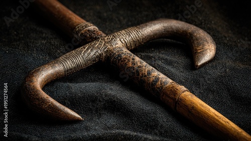 flail. Ancient Egyptian crook and flail crossed on black velvet, ceremonial artifacts. event programs, museum guides, designed for cultural heritage projects and event programs.