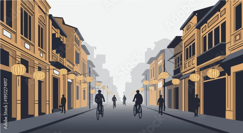 Charming vector cartoon illustration of hanoi old quarter street with colonial buildings bicycles and hanging lanterns
