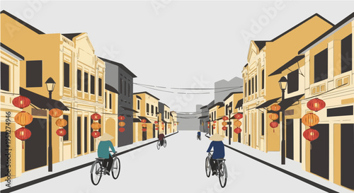 Vibrant vector cartoon illustration of old quarter street with red lanterns bicycles and yellow colonial architecture