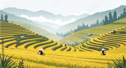 Golden vector cartoon illustration of vietnam rice terraces with farmers working in lush green mountain landscape