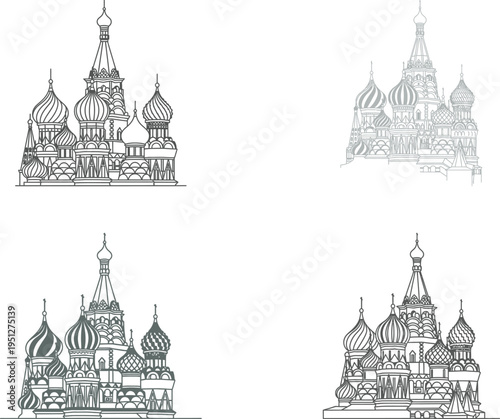 Illustrations of saint basil's cathedral, moscow, sketch style, multiple views and details