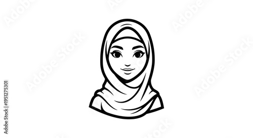 Black and White Line Art of a Woman Wearing a Hijab