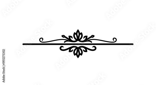 Ornate floral divider, black and white line art, decorative flourish element