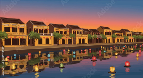 Magical vector cartoon illustration of floating lanterns on vietnam river at night with traditional houses