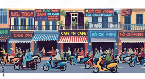 Bustling vector cartoon illustration of hochiminh city street with scooters cafes and colorful shop signs