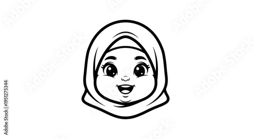 Black and White Line Art of a Cute Baby Girl Wearing a Hijab
