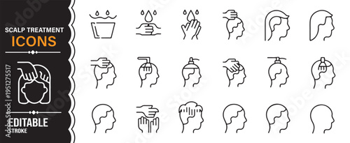 Editable scalp treatment line icon collection with hair health therapy and beauty salon symbols