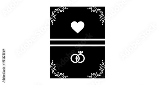 Wedding Card Design: Heart, Rings, Ornaments, Black  White, Vector Art