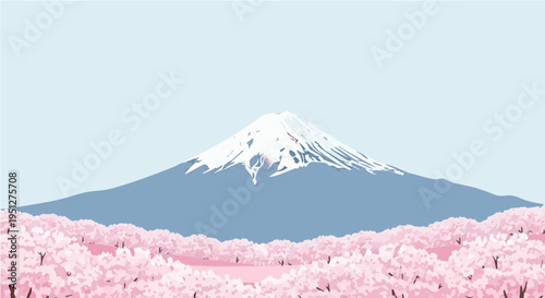 Iconic vector cartoon illustration of mountfuji with pink cherry blossoms in foreground under blue sky