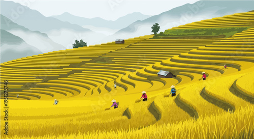 Scenic vector cartoon illustration of golden rice terraces with workers in colorful clothes on stepped mountains