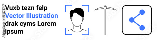 Identity verification, social media, technology tools, mining industry, data sharing, networking. Illustration a head profile, pickaxe and share icon. Identity verification and networking concept