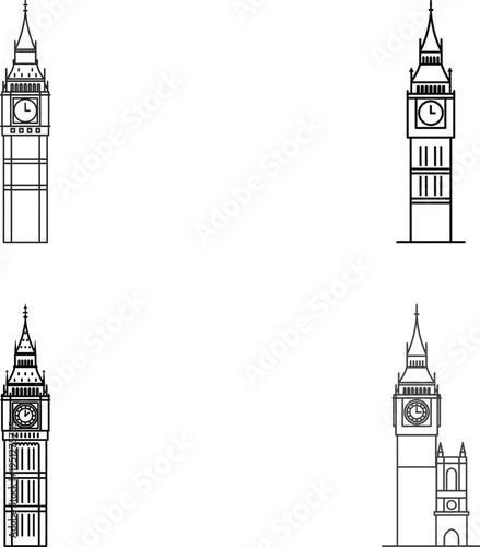 Big ben clock tower sketches and line art, iconic london landmark design