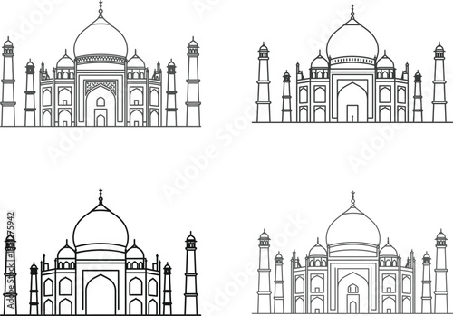 Outline drawings of the taj mahal monument, a famous indian landmark, travel destination
