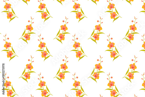 Seamless repeating pattern of orange orchid branches with buds and green leaves on white background.