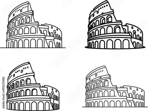 Colosseum roman amphitheater sketches and outlines, historic landmark drawings