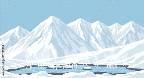 Stunning vector cartoon illustration of snowy mountain range with lake and small boats in foreground