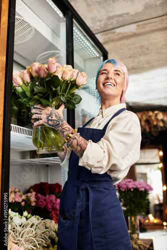 Foto Bright smiles and blooming dreams in a vibrant florist shop