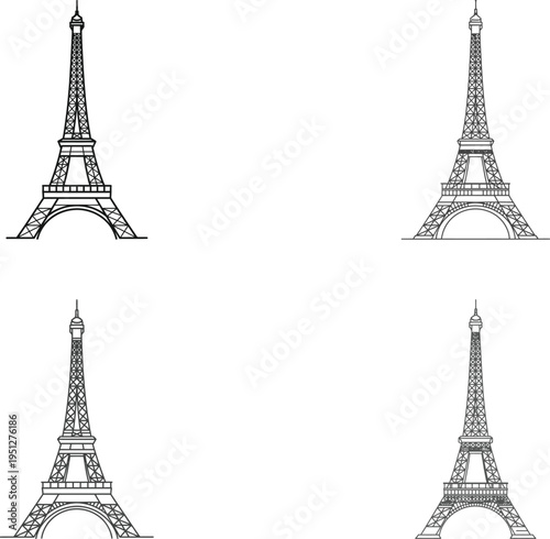 Collection of outline sketches of the eiffel tower, paris landmark, travel destination