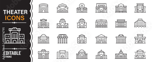 Editable theater outline icon set with cinema opera stage and auditorium architecture symbols