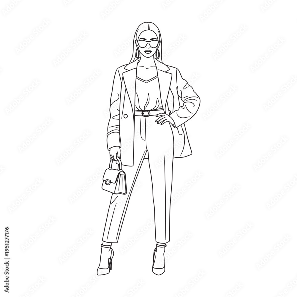 Fototapeta premium Confident Business Woman Line Art Vector, Stylish Female in Blazer Minimal Fashion Illustration