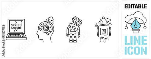 Editable line icon set in a black simple and clean vector outline stroke for system failure, computer error, artificial intelligence glitch, broken robot, AI chip overheat and technology breakdown.