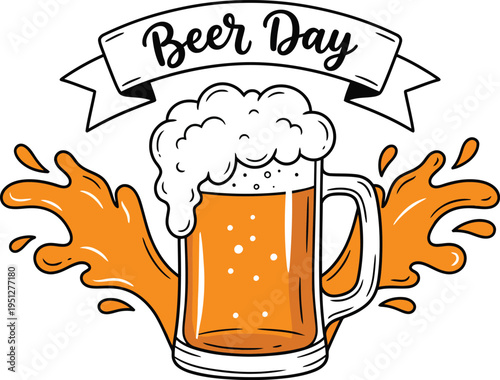 A colorful illustration of a beer mug with foam and splashes on beer day isolated on white background