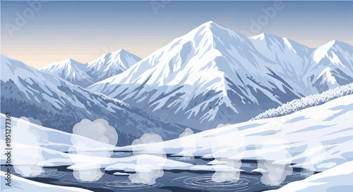 Stunning vector cartoon illustration of majestic snow capped japanese alps mountains with steaming hot springs river