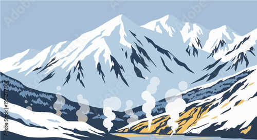 Beautiful scenic vector cartoon illustration of snow covered japanese mountains with rising hot spring steam in valley