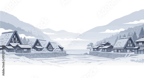 Charming vector cartoon illustration of traditional japanese gasshozukuri village houses covered in winter snow landscape