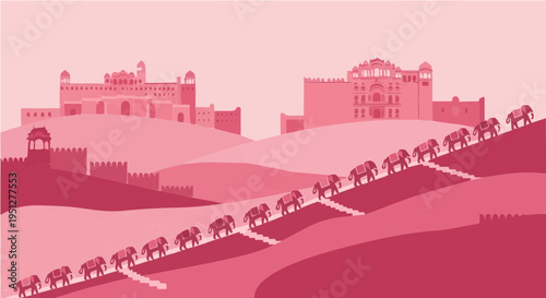 Stylish pink vector cartoon illustration of ancient indian fort with long camel caravan on hillside path