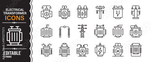 Energy and electricity transformer line icons collection minimal power grid and substation symbols