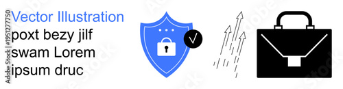 Cybersecurity, data protection, online privacy, authentication, secure networks, business tools. Shield with lock icon, checkmark briefcase and arrows. Cybersecurity and data protection concept