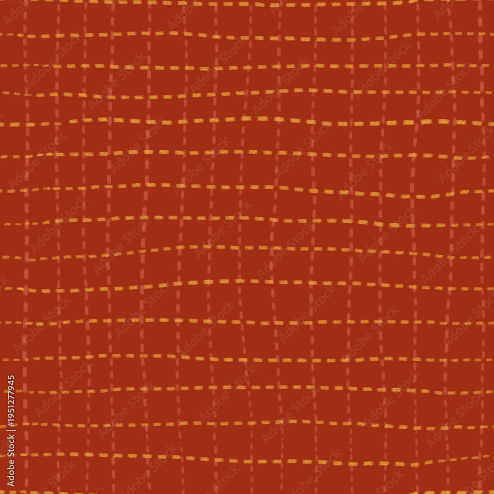 Fototapeta premium Abstract seamless pattern with yellow and pink dashed check stripes and red background. Hand painted illustration for design, print, fabric or background.