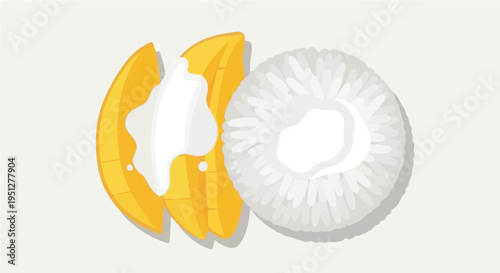 Tasty vector cartoon illustration of sliced tropical fruit with white sticky rice and sweet coconut cream