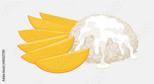 Appetizing vector cartoon illustration of mango sticky rice dessert topped with sweet white coconut sauce