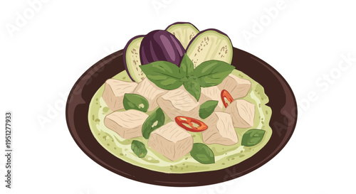 Appetizing colorful vector cartoon illustration depicting authentic Thai green curry dish with chicken eggplant and fresh basil