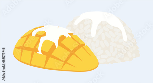 Delightful vector cartoon illustration of ripe mango halves with sticky rice drizzled in coconut sauce