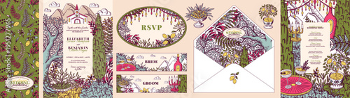 Wedding invitation template . Vintage elegant botanical illustration of nature, landscape, seamless pattern, European village, tree, champagne, garden for card, envelope, background, menu, frame